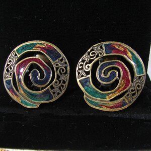 Vtg 1980s-90's NewPro Clip-On EARRINGS, Multicolor Enameled Spiral F79